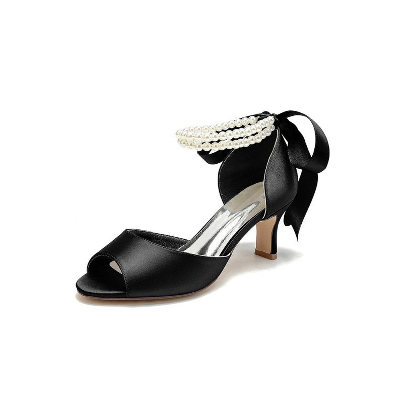 Chic Satin Heels Featuring a Pearl-Embellished Bow