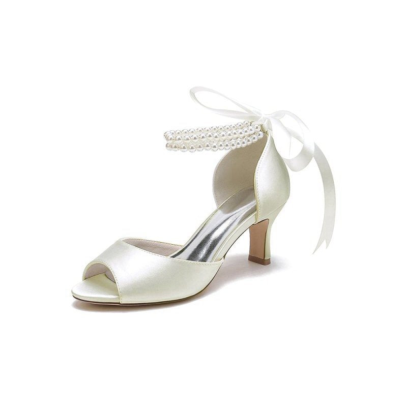 Chic Satin Heels Featuring a Pearl-Embellished Bow
