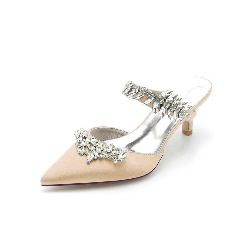 Satin Pointed Toe Mules with Crystal Rhinestone
