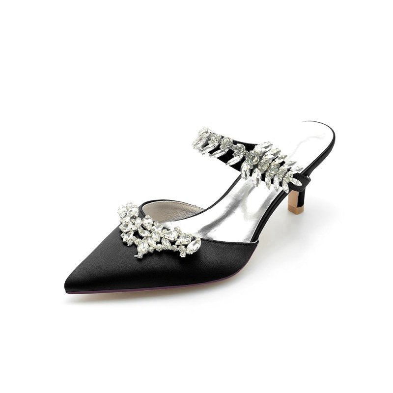 Satin Pointed Toe Mules with Crystal Rhinestone