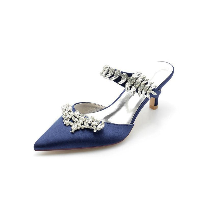 Satin Pointed Toe Mules with Crystal Rhinestone