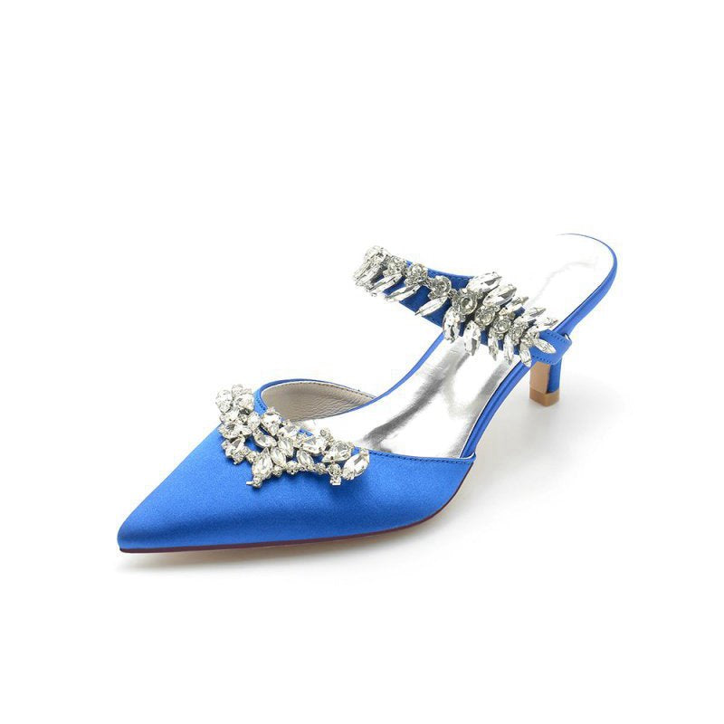 Satin Pointed Toe Mules with Crystal Rhinestone