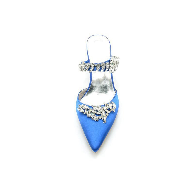 Satin Pointed Toe Mules with Crystal Rhinestone
