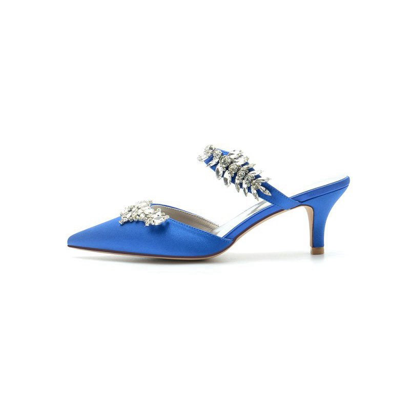 Satin Pointed Toe Mules with Crystal Rhinestone