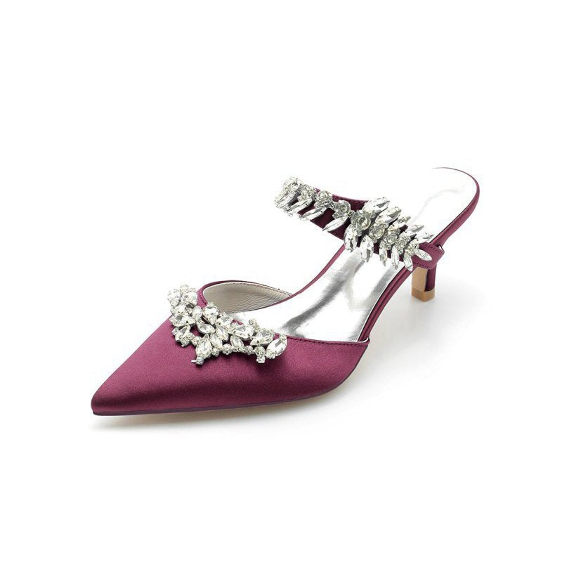 Satin Pointed Toe Mules with Crystal Rhinestone