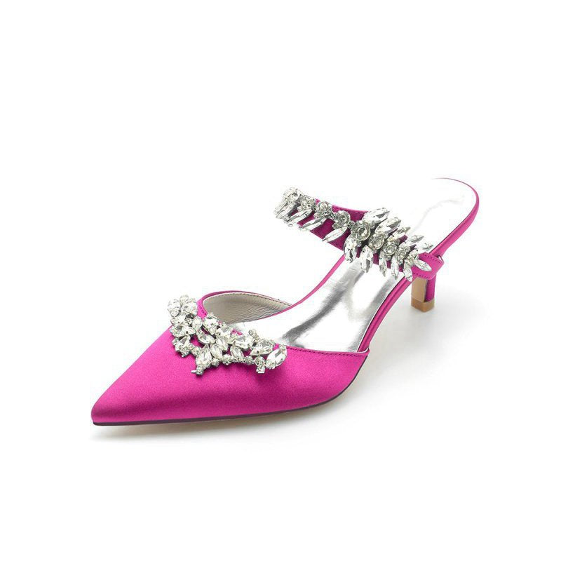 Satin Pointed Toe Mules with Crystal Rhinestone
