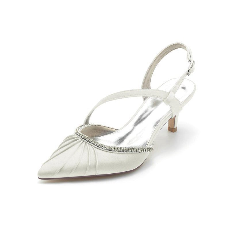 Satin Pointed Toe Slingback Heels with Rhinestone