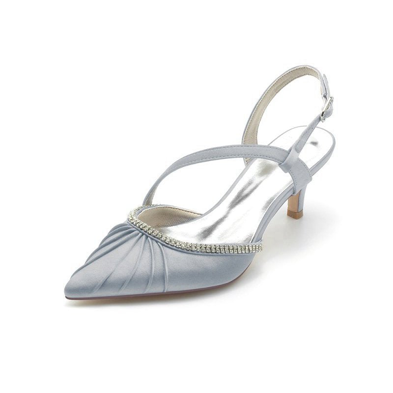 Satin Pointed Toe Slingback Heels with Rhinestone