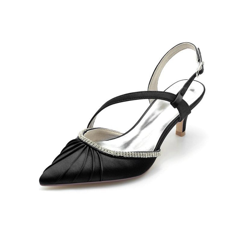Satin Pointed Toe Slingback Heels with Rhinestone