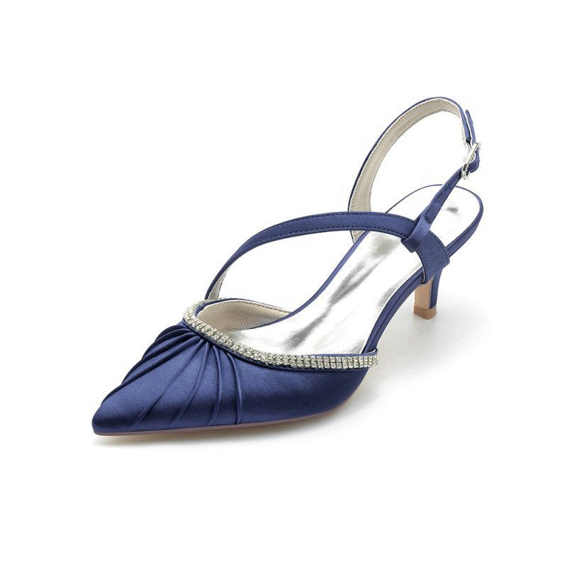 Satin Pointed Toe Slingback Heels with Rhinestone