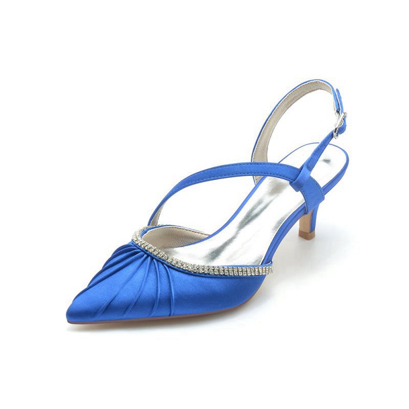 Satin Pointed Toe Slingback Heels with Rhinestone