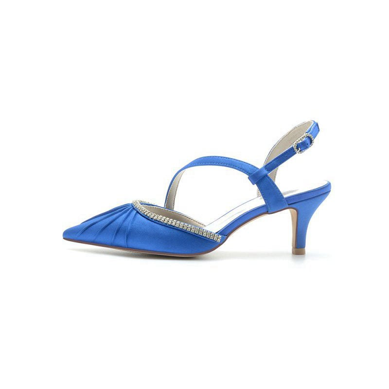 Satin Pointed Toe Slingback Heels with Rhinestone