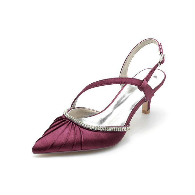 Satin Pointed Toe Slingback Heels with Rhinestone