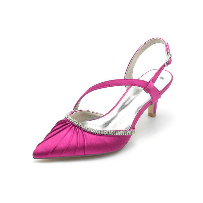 Satin Pointed Toe Slingback Heels with Rhinestone