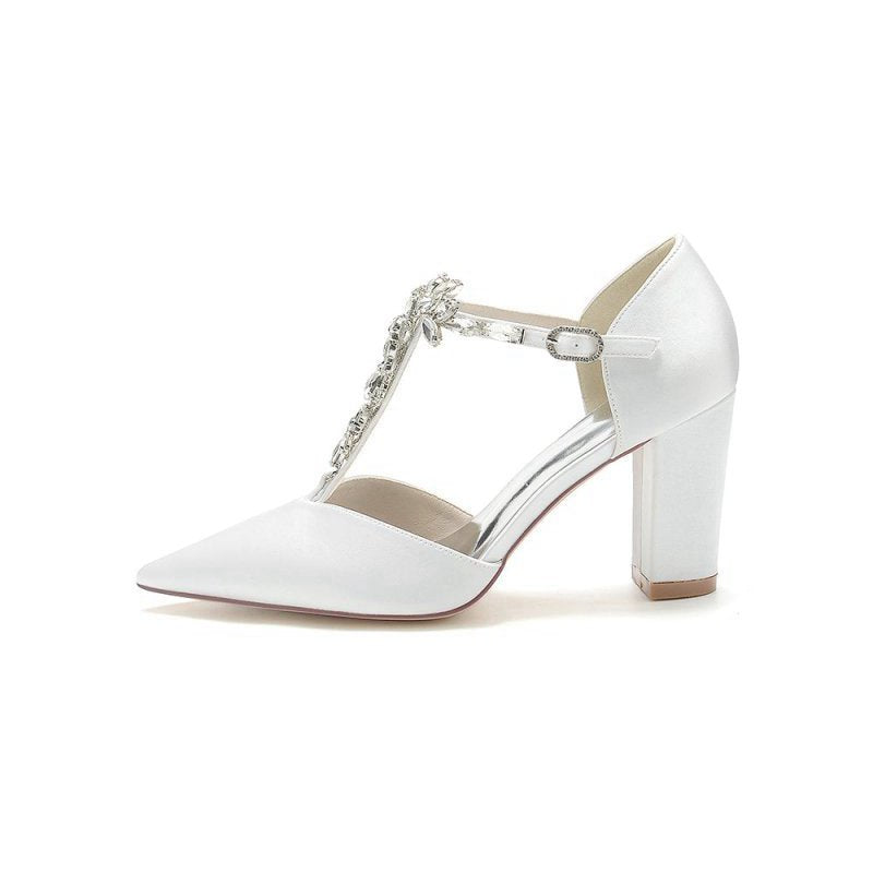 Chic Rhinestone Pointed Toe Ankle Strap Buckle Chunky Heel