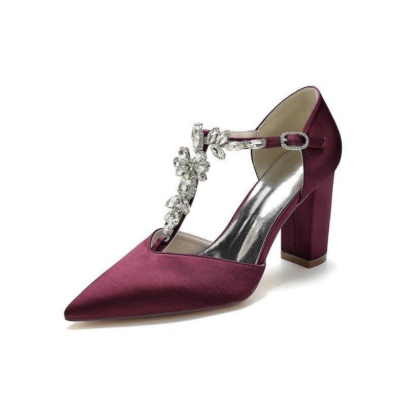 Chic Rhinestone Pointed Toe Ankle Strap Buckle Chunky Heel