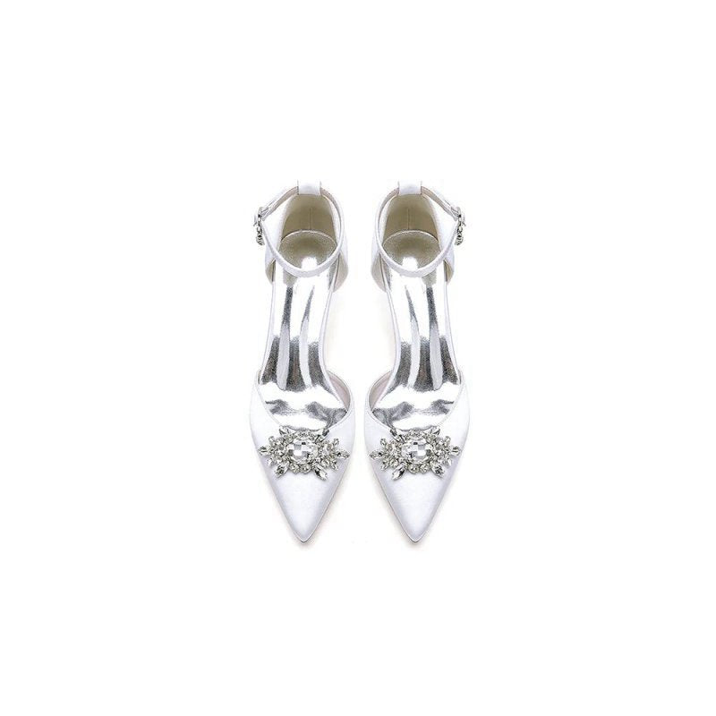 Pointed Toe Ankle Strap Chunky Heel With Rhinestone