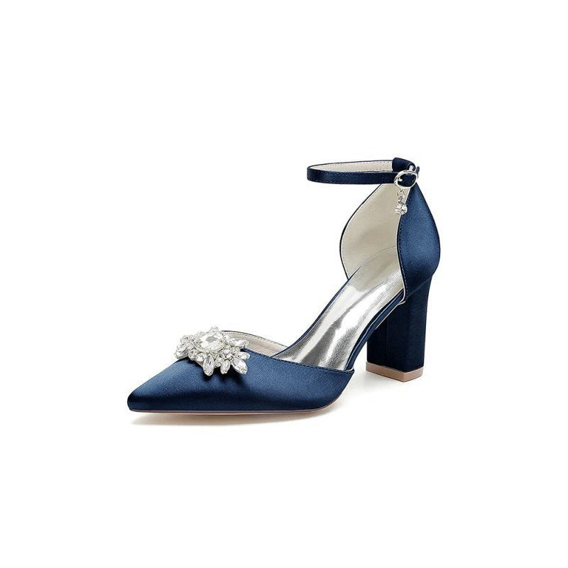 Pointed Toe Ankle Strap Chunky Heel With Rhinestone