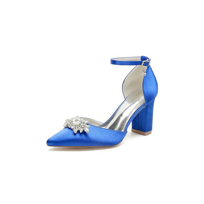 Pointed Toe Ankle Strap Chunky Heel With Rhinestone