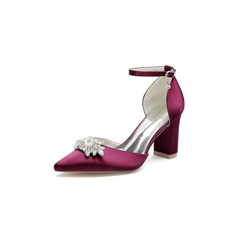 Pointed Toe Ankle Strap Chunky Heel With Rhinestone