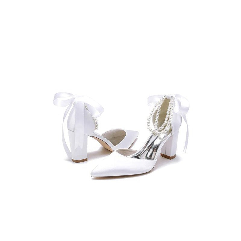 Pointed Toe Pearl Ribbon Ankle Strap Chunky Heel