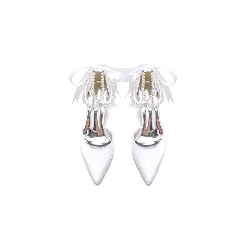 Pointed Toe Pearl Ribbon Ankle Strap Chunky Heel