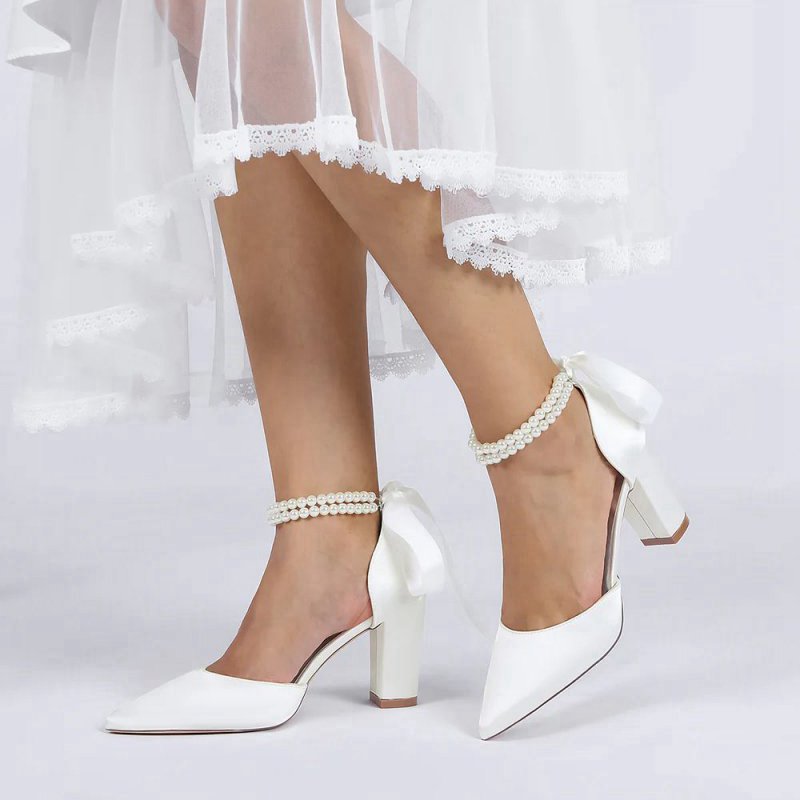 Pointed Toe Pearl Ribbon Ankle Strap Chunky Heel