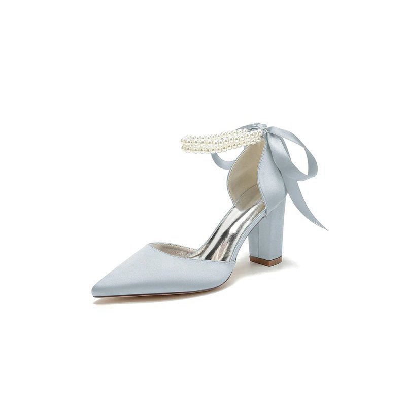 Pointed Toe Pearl Ribbon Ankle Strap Chunky Heel