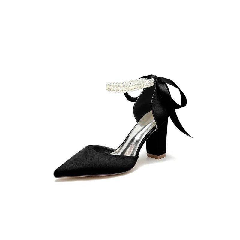 Pointed Toe Pearl Ribbon Ankle Strap Chunky Heel