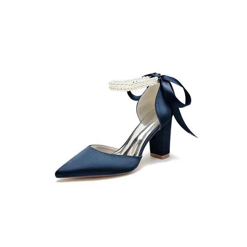 Pointed Toe Pearl Ribbon Ankle Strap Chunky Heel