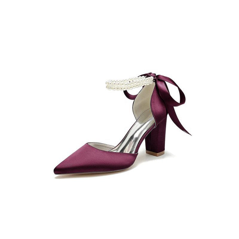 Pointed Toe Pearl Ribbon Ankle Strap Chunky Heel