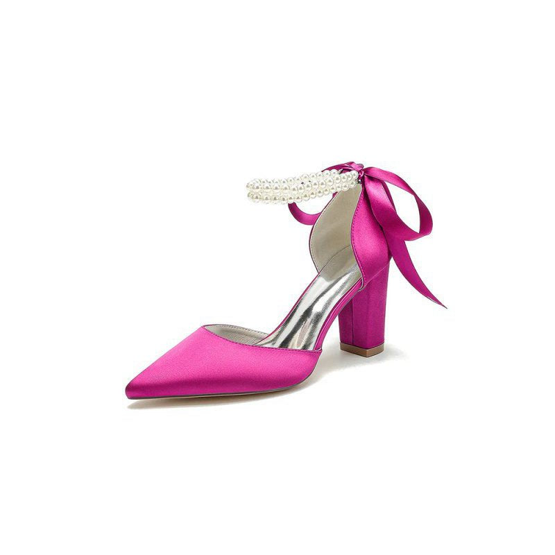 Pointed Toe Pearl Ribbon Ankle Strap Chunky Heel