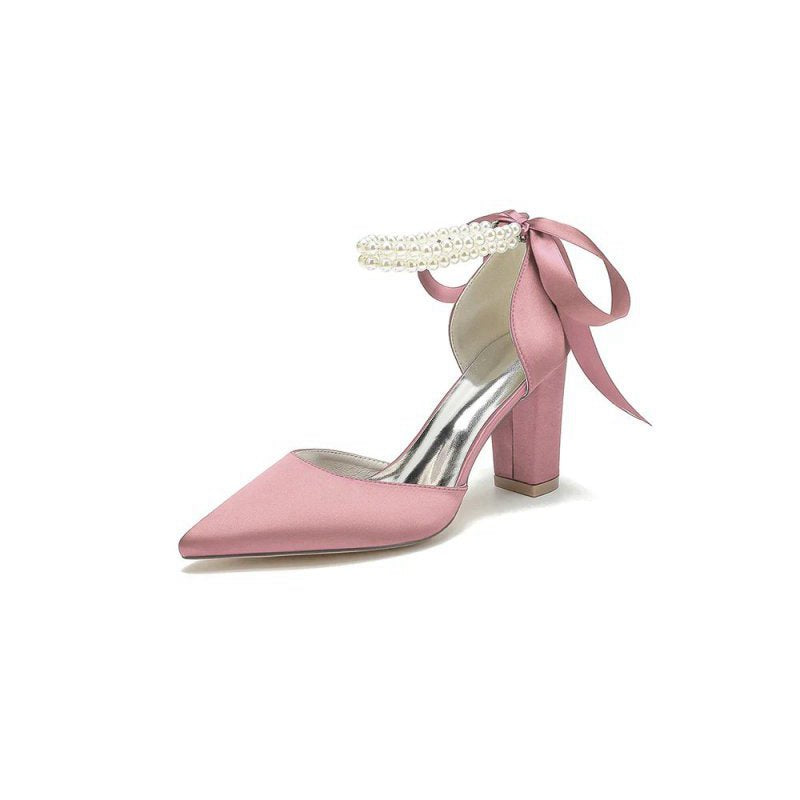 Pointed Toe Pearl Ribbon Ankle Strap Chunky Heel
