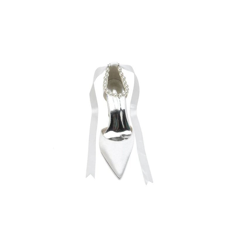 Pearl Ribbon Pointed Toe Ankle Strap Chunky Heel