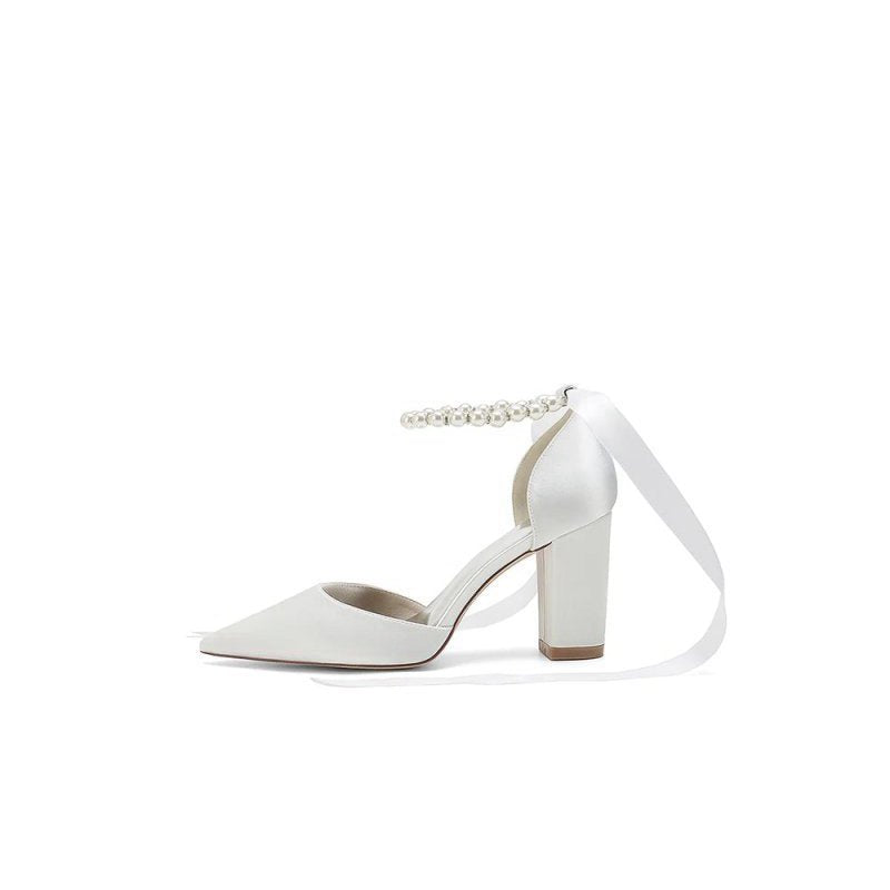 Pearl Ribbon Pointed Toe Ankle Strap Chunky Heel