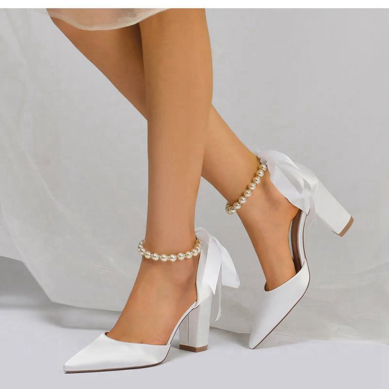 Pearl Ribbon Pointed Toe Ankle Strap Chunky Heel
