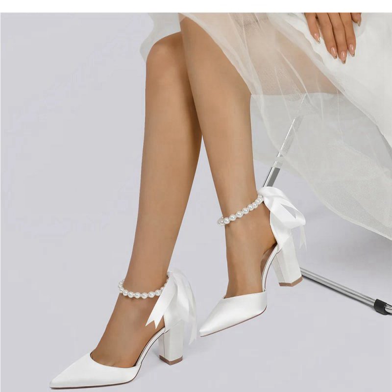 Pearl Ribbon Pointed Toe Ankle Strap Chunky Heel