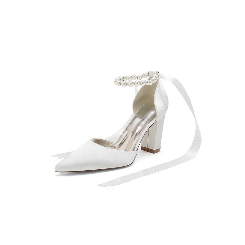 Pearl Ribbon Pointed Toe Ankle Strap Chunky Heel