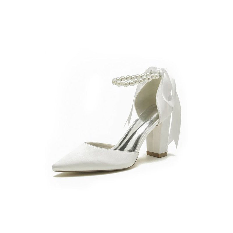 Pearl Ribbon Pointed Toe Ankle Strap Chunky Heel