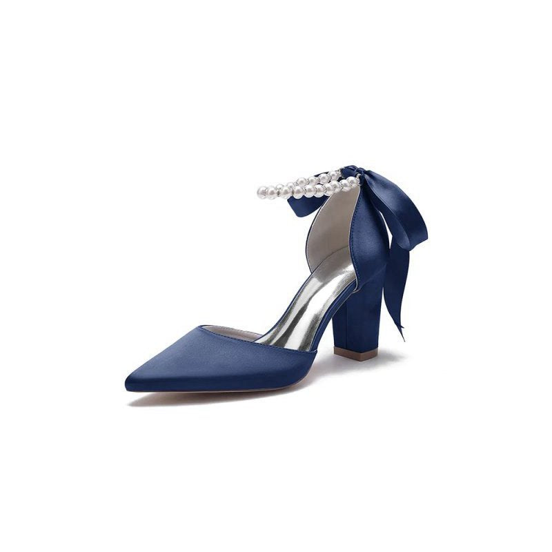 Pearl Ribbon Pointed Toe Ankle Strap Chunky Heel
