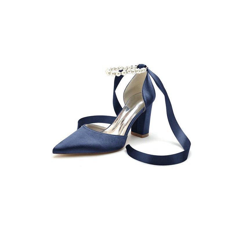 Pearl Ribbon Pointed Toe Ankle Strap Chunky Heel