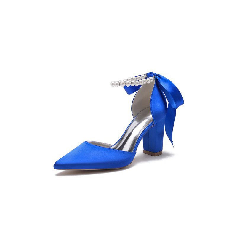 Pearl Ribbon Pointed Toe Ankle Strap Chunky Heel