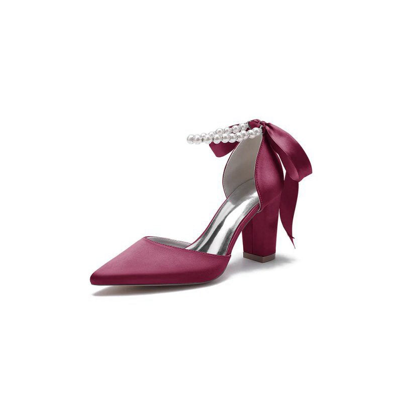 Pearl Ribbon Pointed Toe Ankle Strap Chunky Heel