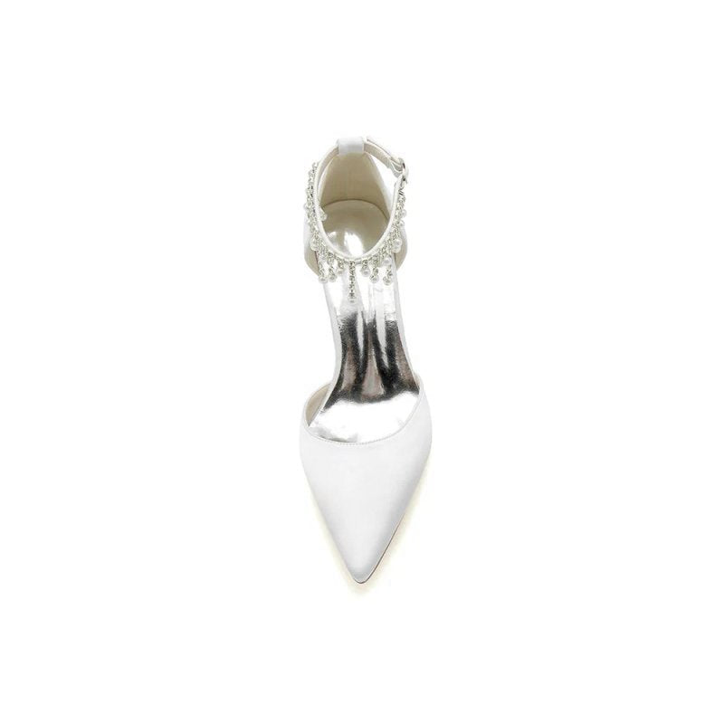 Pearl Beaded Pointed Toe Ankle Strap Chunky Heel