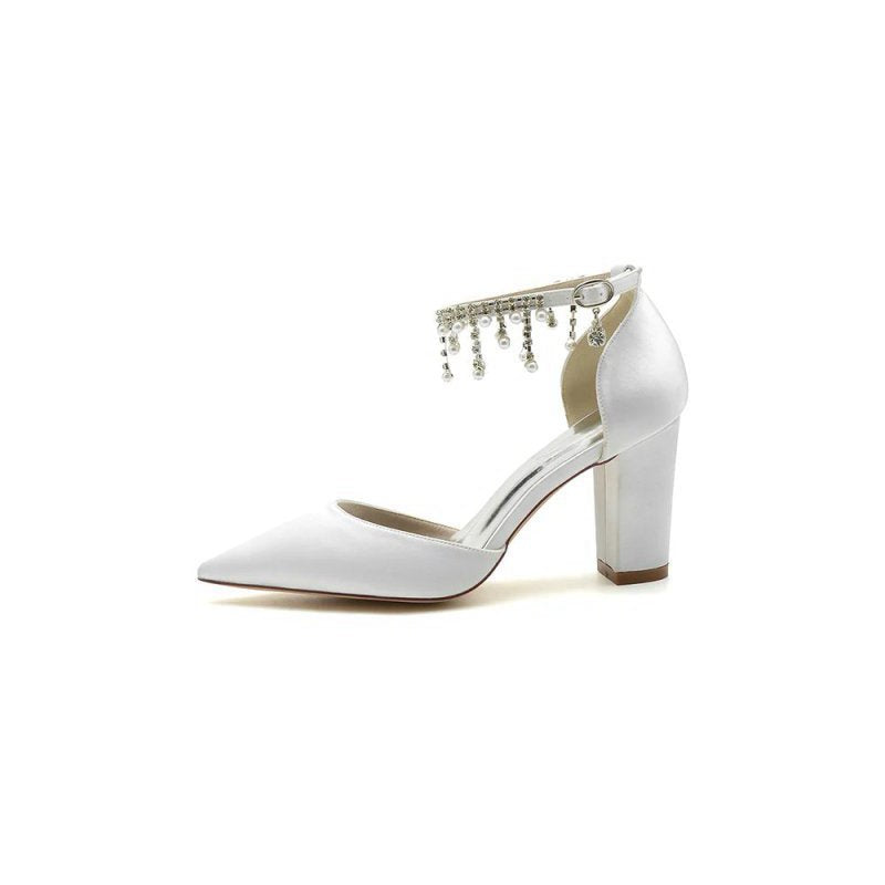 Pearl Beaded Pointed Toe Ankle Strap Chunky Heel