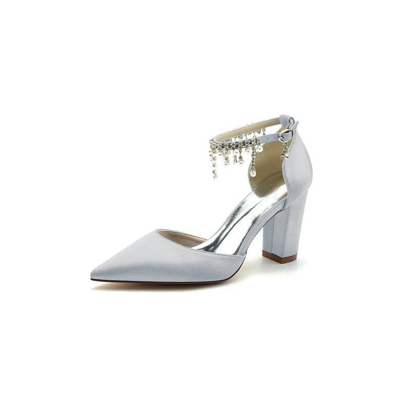 Pearl Beaded Pointed Toe Ankle Strap Chunky Heel
