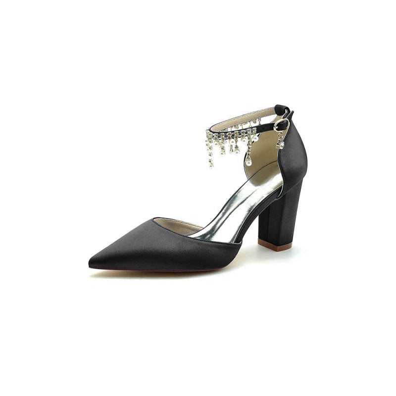 Pearl Beaded Pointed Toe Ankle Strap Chunky Heel