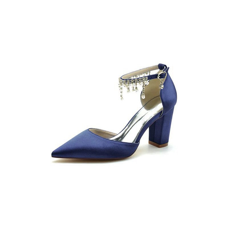 Pearl Beaded Pointed Toe Ankle Strap Chunky Heel