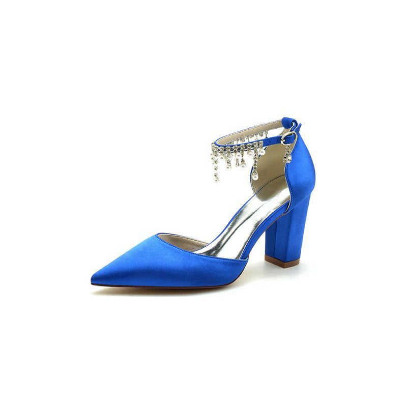 Pearl Beaded Pointed Toe Ankle Strap Chunky Heel