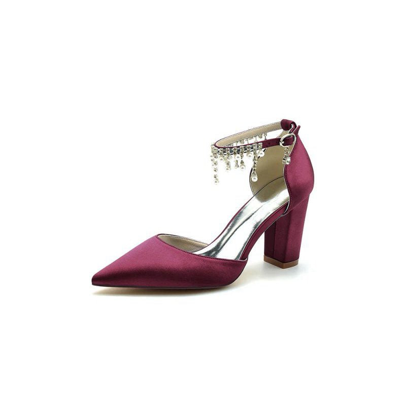 Pearl Beaded Pointed Toe Ankle Strap Chunky Heel